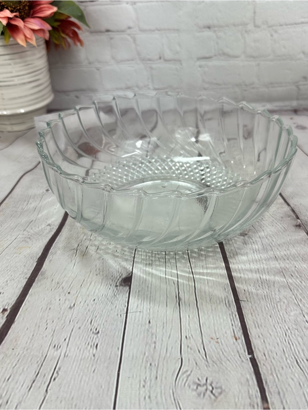 vtg KIG Indonesia Glass Serving Bowl embossed Christmas tree swirl cross hatch